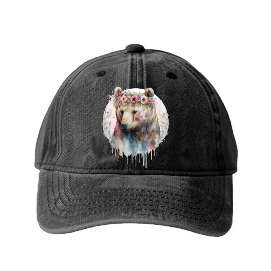 Artistic Watercolor Grizzly Bear Flower Crown Boho Washed Denim Baseball Caps