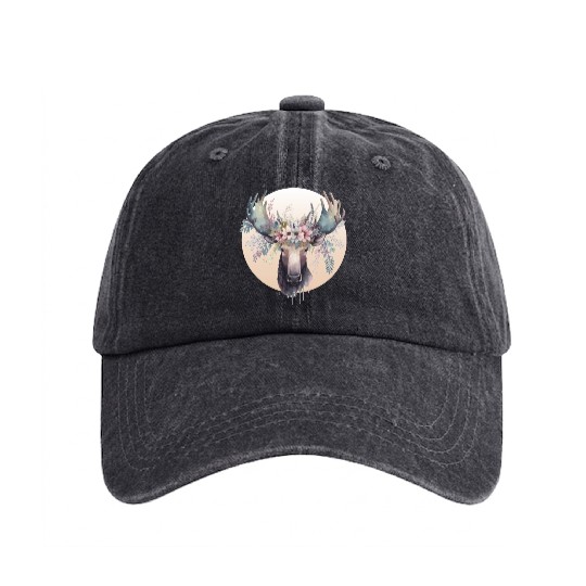 Cute Moose Flower Crown Animal Lovers Washed Denim Baseball Caps