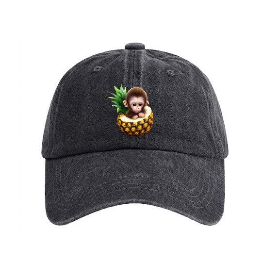 Little monkey in a pineapple Washed Denim Baseball Caps