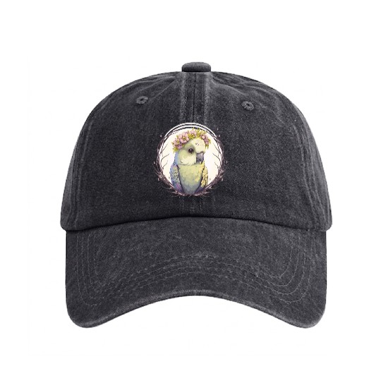 Artistic Watercolor Parakeet Bird Flower Crown Pet Washed Denim Baseball Caps