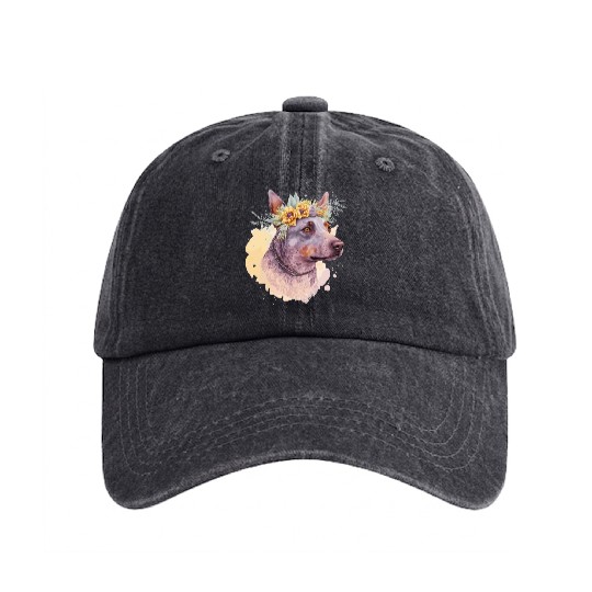 Cute Australian Cattle Dog Flower Crown Pet Dog Fl Washed Denim Baseball Caps