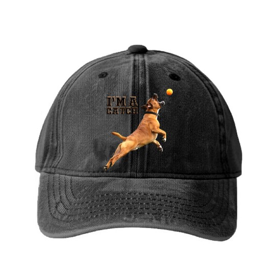 Big Dog Bull Mastiff Catching a Ball, I'm a Catch Washed Denim Baseball Caps