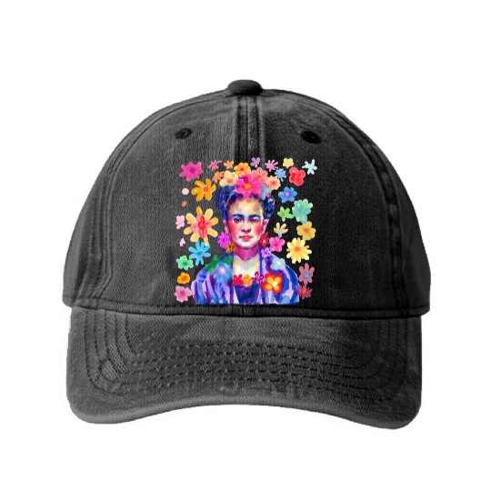 Frida water color with groovy flowers 9000 px Washed Denim Baseball Caps