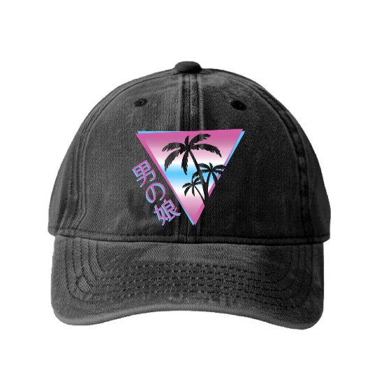 Femboy 80S 90S Palm Tree Japanese Vaporwave Aesthe Washed Denim Baseball Caps