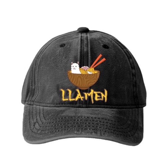 Llamen Japanese Ramen Noodles Alpaca Kawaii Llama Washed Denim Baseball Caps