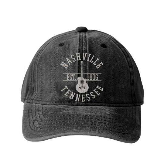 Nashville Country Music City Guitar Washed Denim Baseball Caps