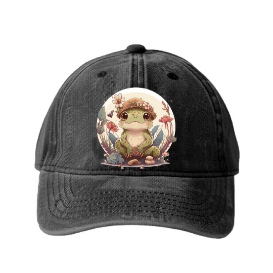 Cute Cottagecore Baby Frog Toad Frog Lovers Washed Denim Baseball Caps