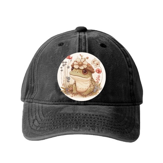 Cottagecore Cute Frog Toad Flower Crown Dark Acade Washed Denim Baseball Caps