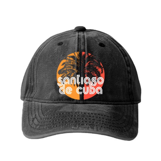 Santiago de Cuba Artistic Vacation Souvenir Palm Washed Denim Baseball Caps