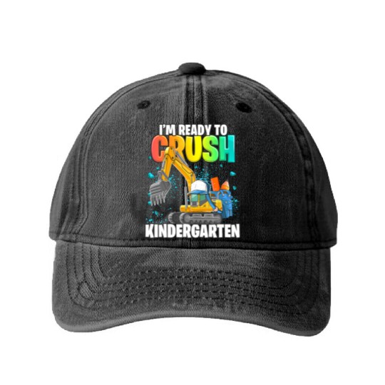 Kindergarten Excavator Construction Back to School Washed Denim Baseball Caps