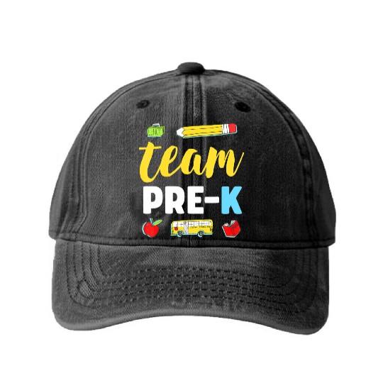 Team Pre-K Teacher First Day Preschool Back to Sch Washed Denim Baseball Caps