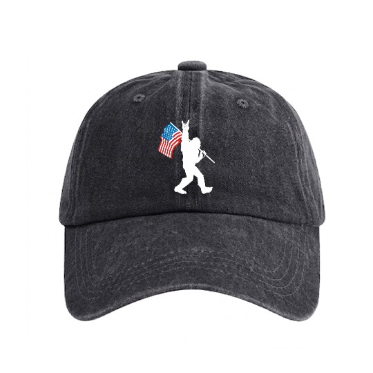 Bigfoot Rock And Roll Usa Flag For Sasquatch Washed Denim Baseball Caps