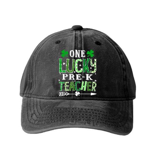 St Patrick'S Day One Lucky Pre-K Teacher Shamrock Washed Denim Baseball Caps