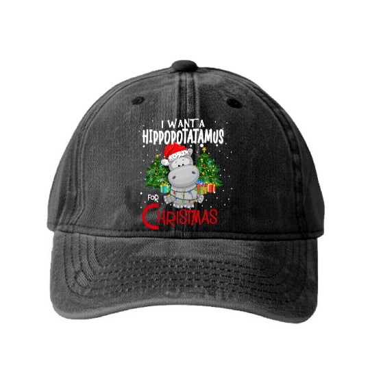 I Want A Hippopotamus For Santa Fun Hippo Washed Denim Baseball Caps
