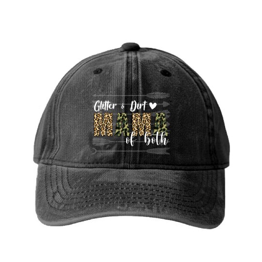 Glitter Dirt Mama Of Both With Leopard Camouflage Washed Denim Baseball Caps