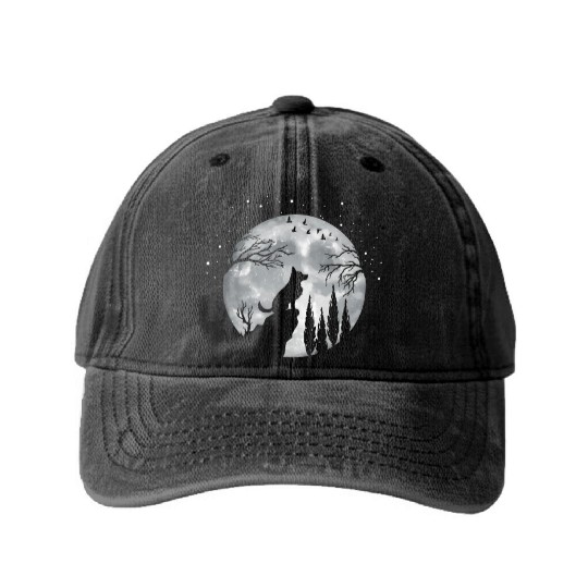 German Shepherd Dog Full Moon At Night German Washed Denim Baseball Caps