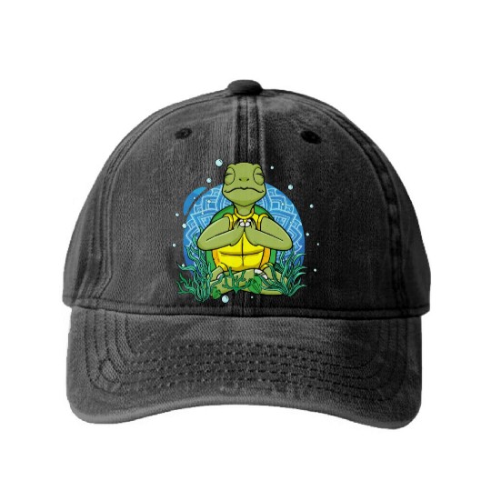 Meditating Sea Turtle Gift Yoga Zen Meditation Washed Denim Baseball Caps