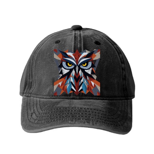 Vintage Geometric Beautiful 3D Owl Artwork Washed Denim Baseball Caps