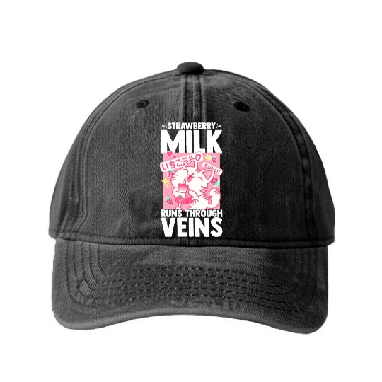 Strawberry Milk Shake Korean Vegan Japanese Drink Washed Denim Baseball Caps