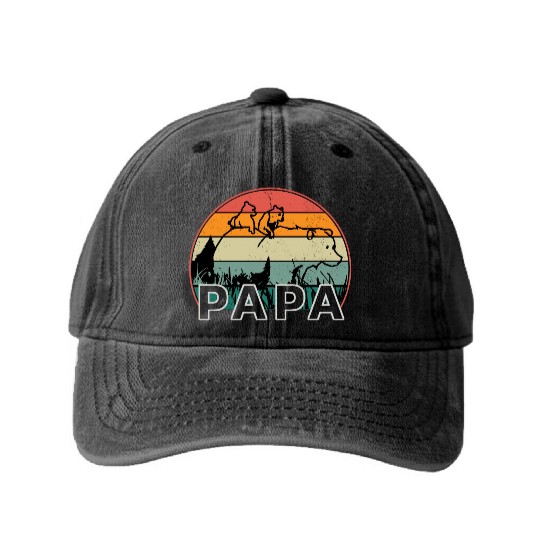 Papa Bear With Cubs Retro Grizzly Bear Forest Tree Washed Denim Baseball Caps