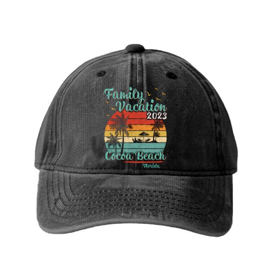 Vintage Retro Family Vacation 2023 Florida Cocoa Washed Denim Baseball Caps