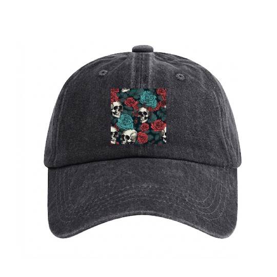 Gothic Skulls & Red Roses Pattern Dark Elegant Washed Denim Baseball Caps