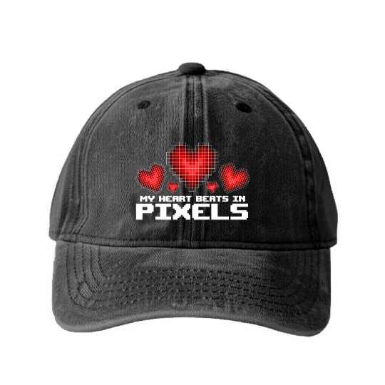 My Heart Beat in Pixels Valentine's Day Thowback Washed Denim Baseball Caps