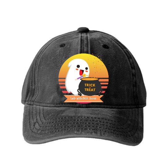 Halloween Cute Ghost Witching Hour Trick Or Treat Washed Denim Baseball Caps
