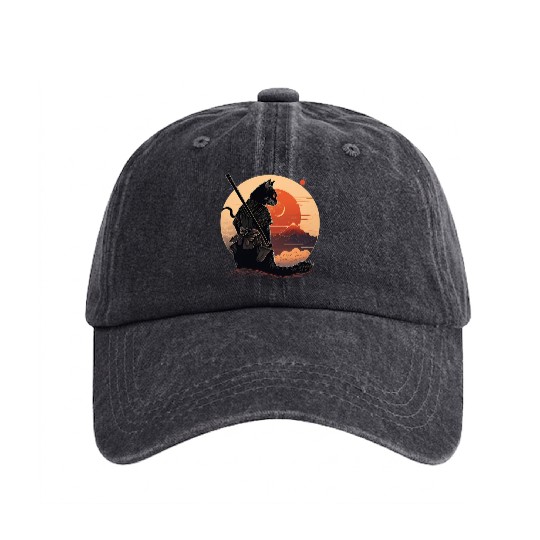 Vintage Japanese Sunset Style And Samurai Cat Kitt Washed Denim Baseball Caps