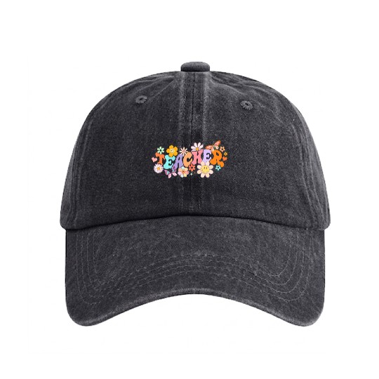 Floral Teacher Groovy Back to School Teacher Life Washed Denim Baseball Caps