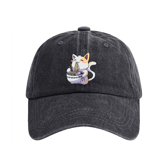 Ramen Cat aii Anime Japanese aii Neko Washed Denim Baseball Caps