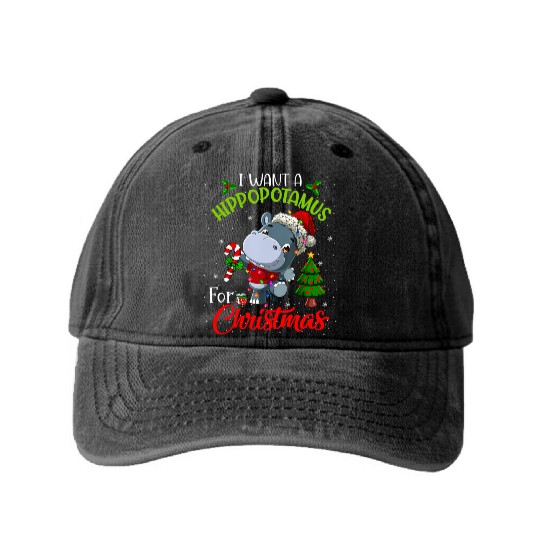 I Want A Hippopotamus For Xmas Hippo Washed Denim Baseball Caps