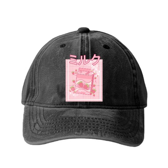 90S Japanese aii Strawberry Milk Shake Carton Washed Denim Baseball Caps