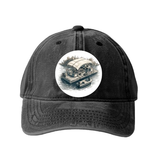 Pontoon boat illustration gifts for boat owners Washed Denim Baseball Caps
