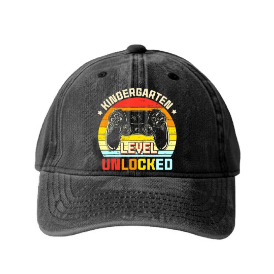 Kindergarten Level Unlocked Video Game Back to Washed Denim Baseball Caps