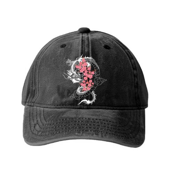 Dragon Japanese Cherry Blossom Culture Washed Denim Baseball Caps