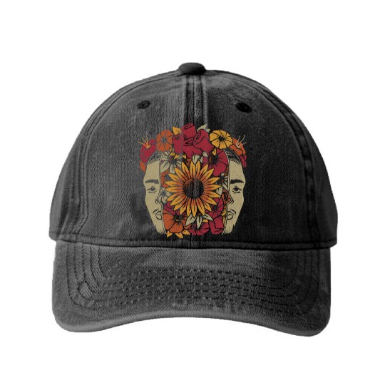Frida Kahlo Head Flowers Washed Denim Baseball Caps