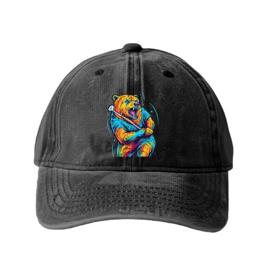 Golfer Grizzly Bear Golf Club Golfing Golf Player Washed Denim Baseball Caps