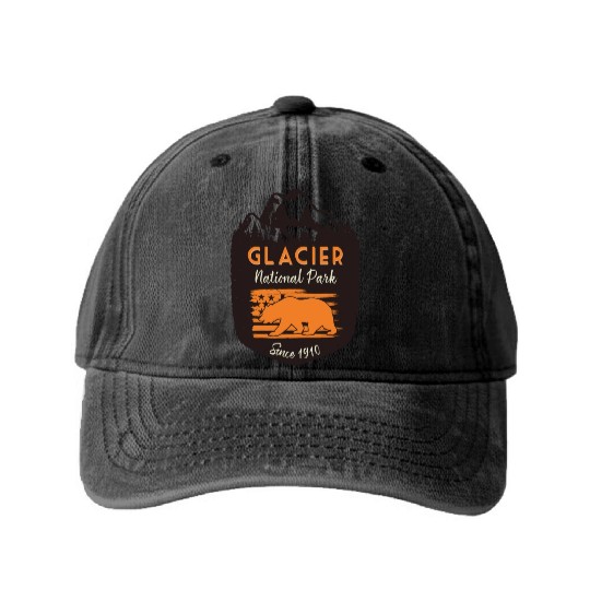Glacier National Park Us Flag Grizzly Bear Washed Denim Baseball Caps