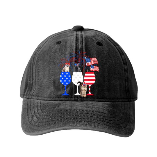 Cat 4Th Of July Red White Blue Wine Washed Denim Baseball Caps