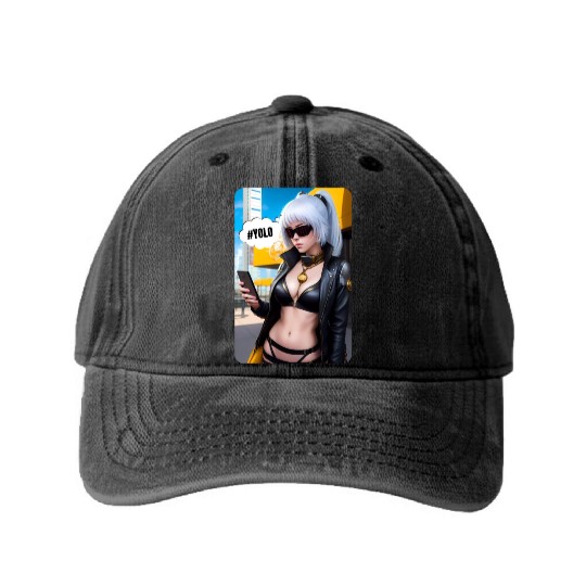 Cyberpunk Waifu Influencer Design 2 Washed Denim Baseball Caps
