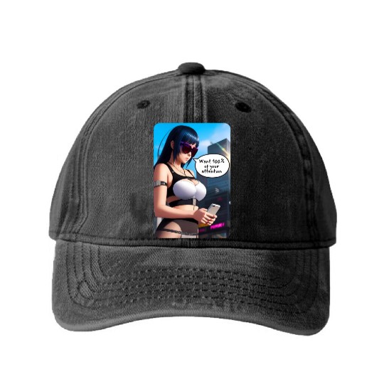 Cyberpunk Waifu Influencer Design 8 Washed Denim Baseball Caps