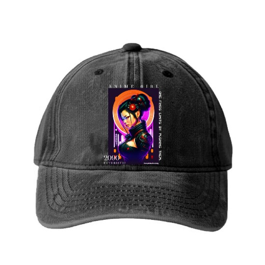 Futuristic Cyberpunk Anime Girl Washed Denim Baseball Caps