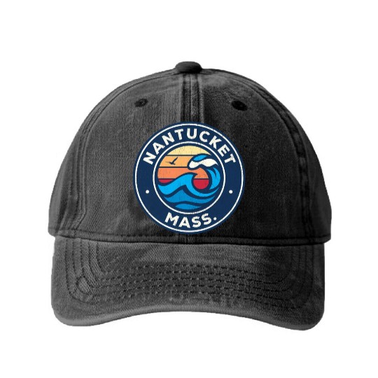 Nantucket Massachusetts Ma Nautical Waves Washed Denim Baseball Caps