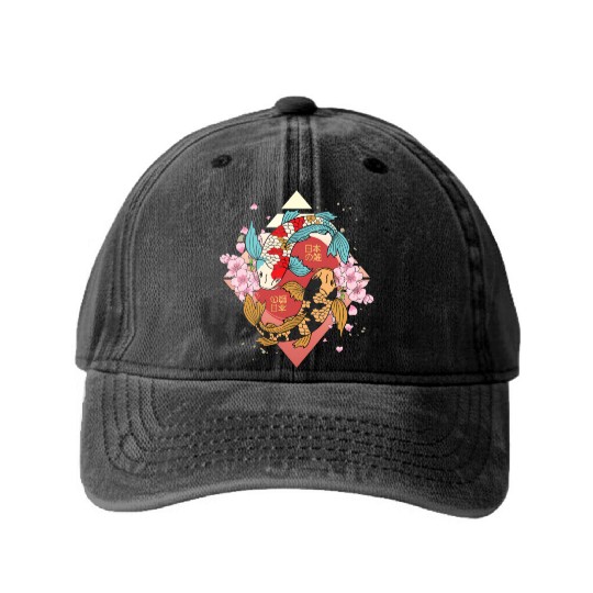 Kawaii Cherry Blossom Koi Fish Japanese Sakura Washed Denim Baseball Caps