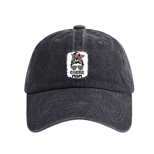 Cheer Mom Leopard Messy Bun Cheerleader Bleached M Washed Denim Baseball Caps