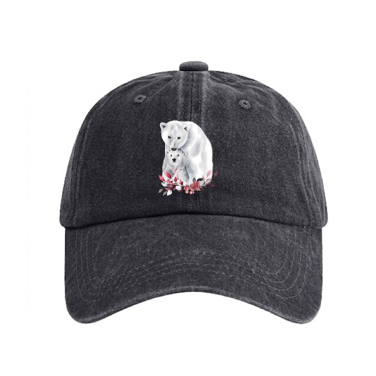 Mama Polar Bear And Baby Cub For And Washed Denim Baseball Caps