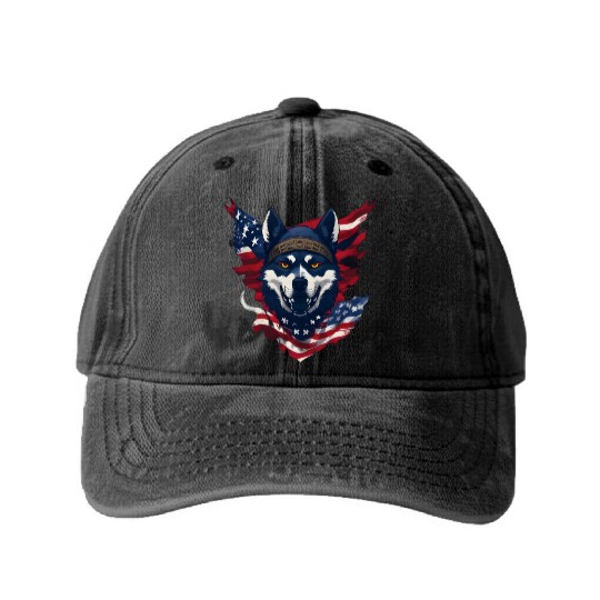Cute American Pride 4th of July Dog Flag Washed Denim Baseball Caps
