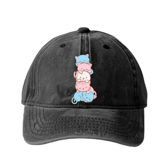 Transgender Pride Flag Cute Kawaii Cats Subtle Washed Denim Baseball Caps
