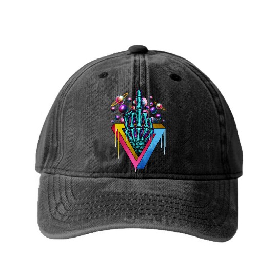 Trippy skeleton middle finger Washed Denim Baseball Caps
